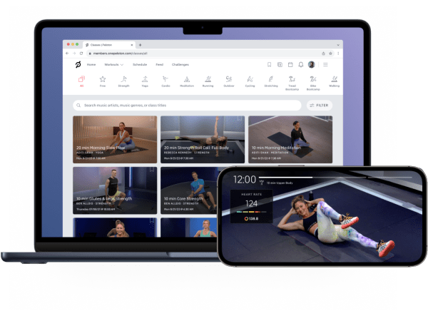 The image of a Peloton female instructor and the classes on a tablet and mobile phone